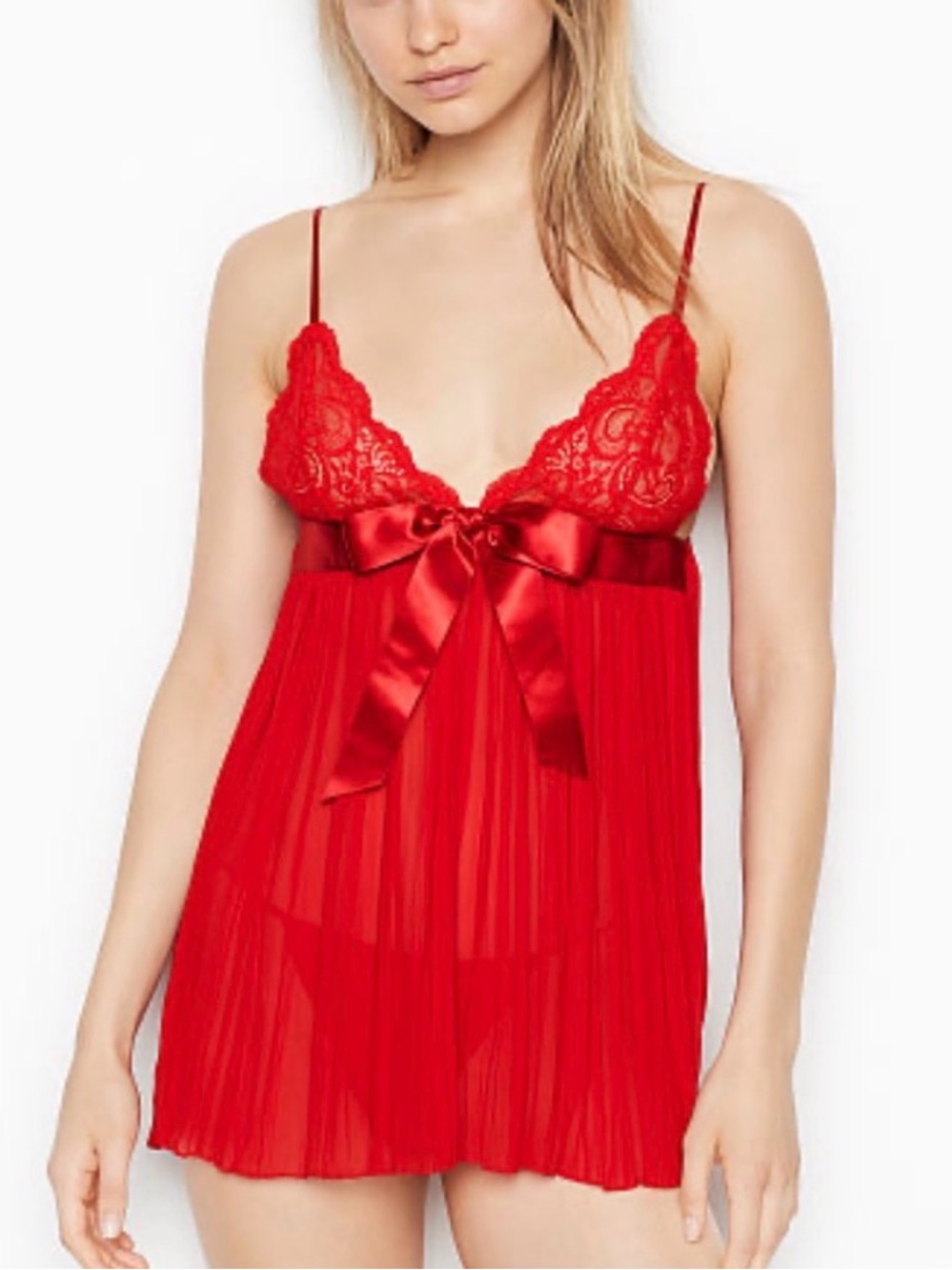 VS Red Lace & Satin Bow Sheer Babydoll Chemise